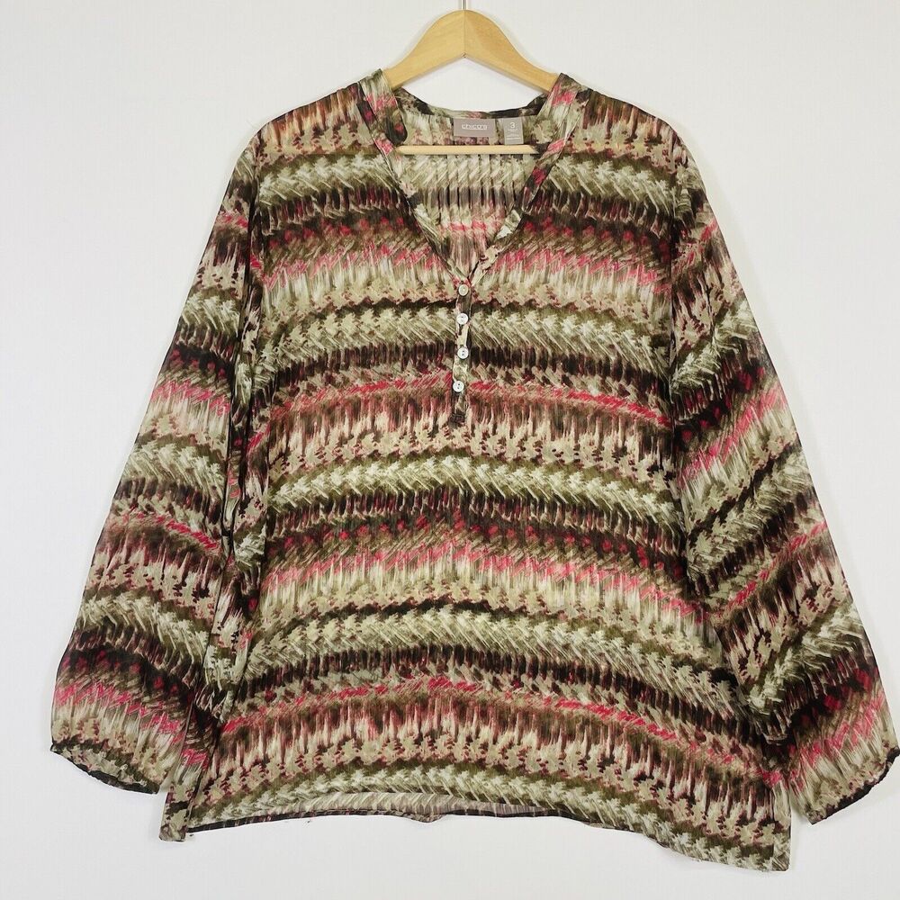 Chicos Blouse Womens 3 XL Green Pink Abstract Ikat Sheer Boho Artsy Top